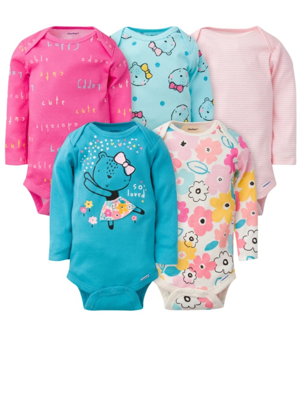 Gerber Baby Girl 5-Pack Long Sleeve Onesies bodysuits, 0-3mths